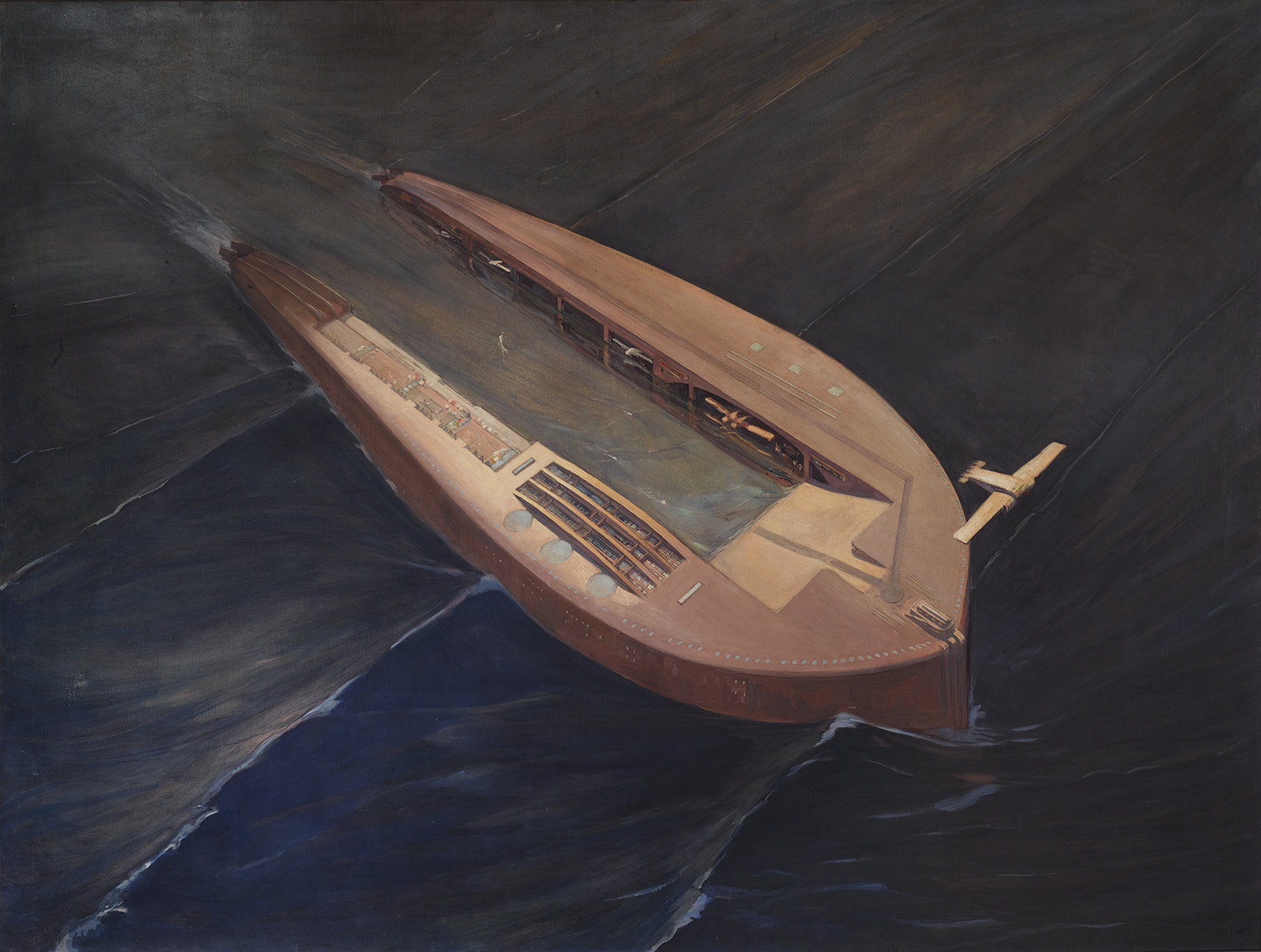 Aerial view of a large, streamlined vessel with an elongated, curved hull and an open central deck, in dark waters