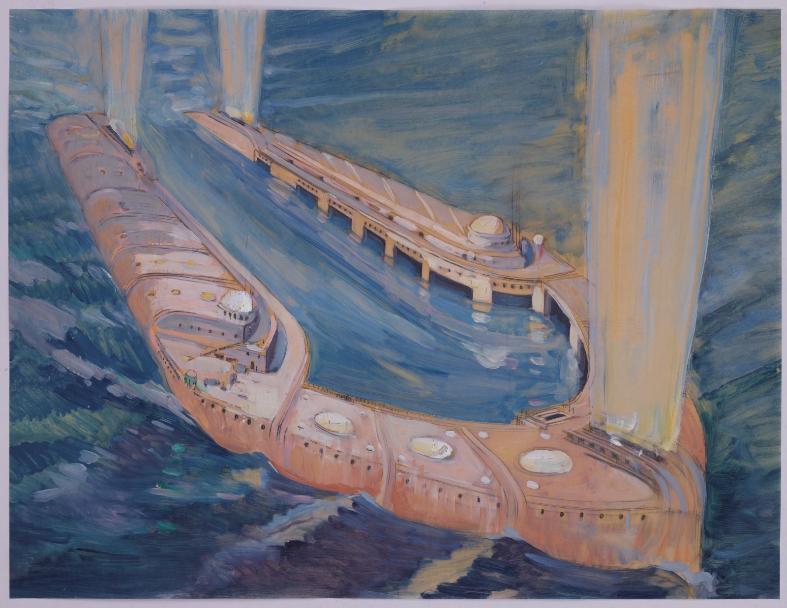 Aerial view of a large u-shaped vessel with a curved hull and an open central area. The structure features decks with circular elements and towers, while streams of light or mist rise vertically from its sides.