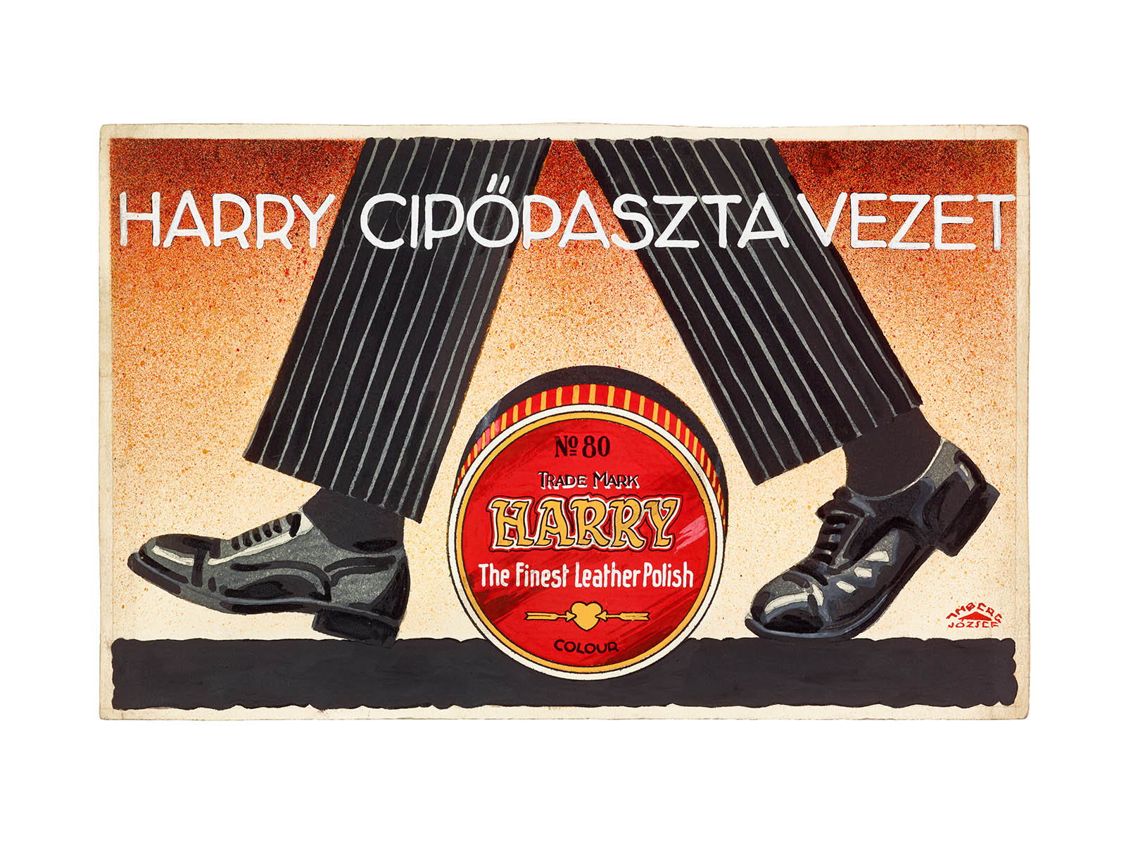 Illustrated advertisement showing trousered legs in black shoes beside a red tin labeled “HARRY”