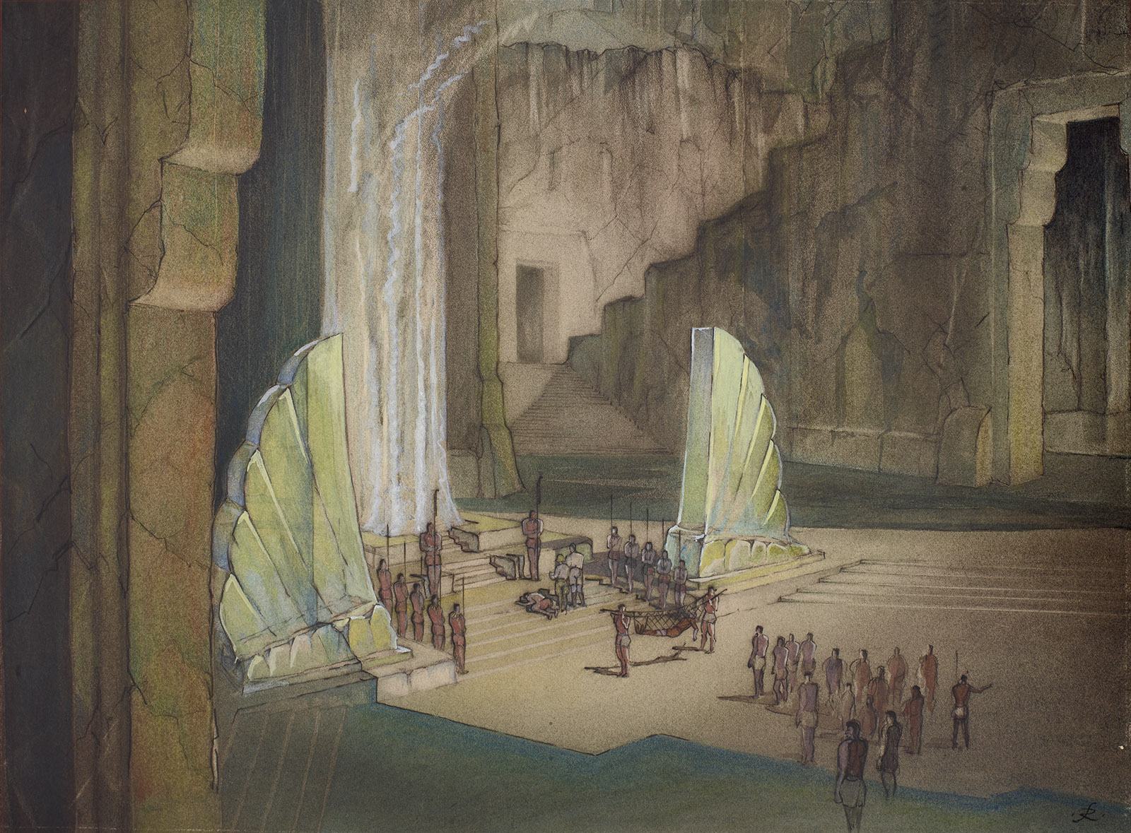 An illustration of a large, cavernous space with stone walls and carved architectural features. A group of people is gathered around a raised platform. Two tall, curved green structures stand on either side of the platform.