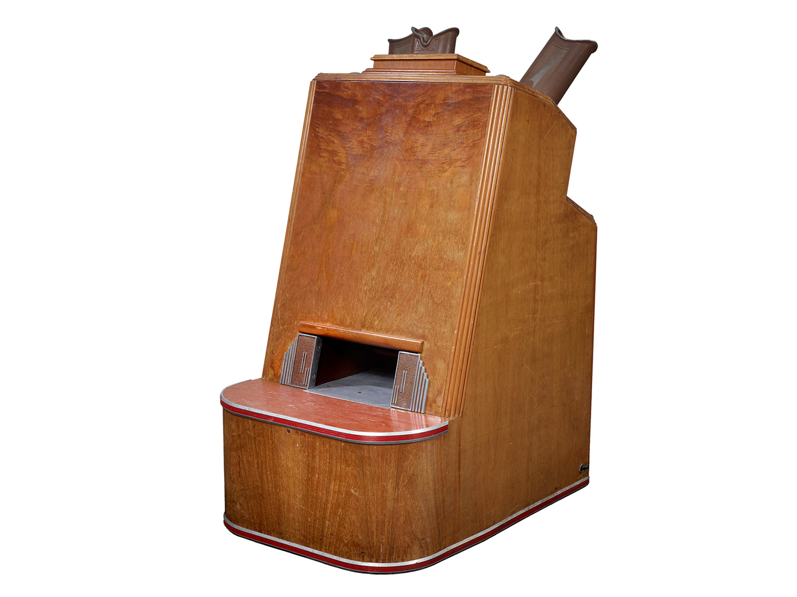 Tall wooden cabinet with a sloped front, rectangular opening, red trim, and three dark viewing hoods on top
