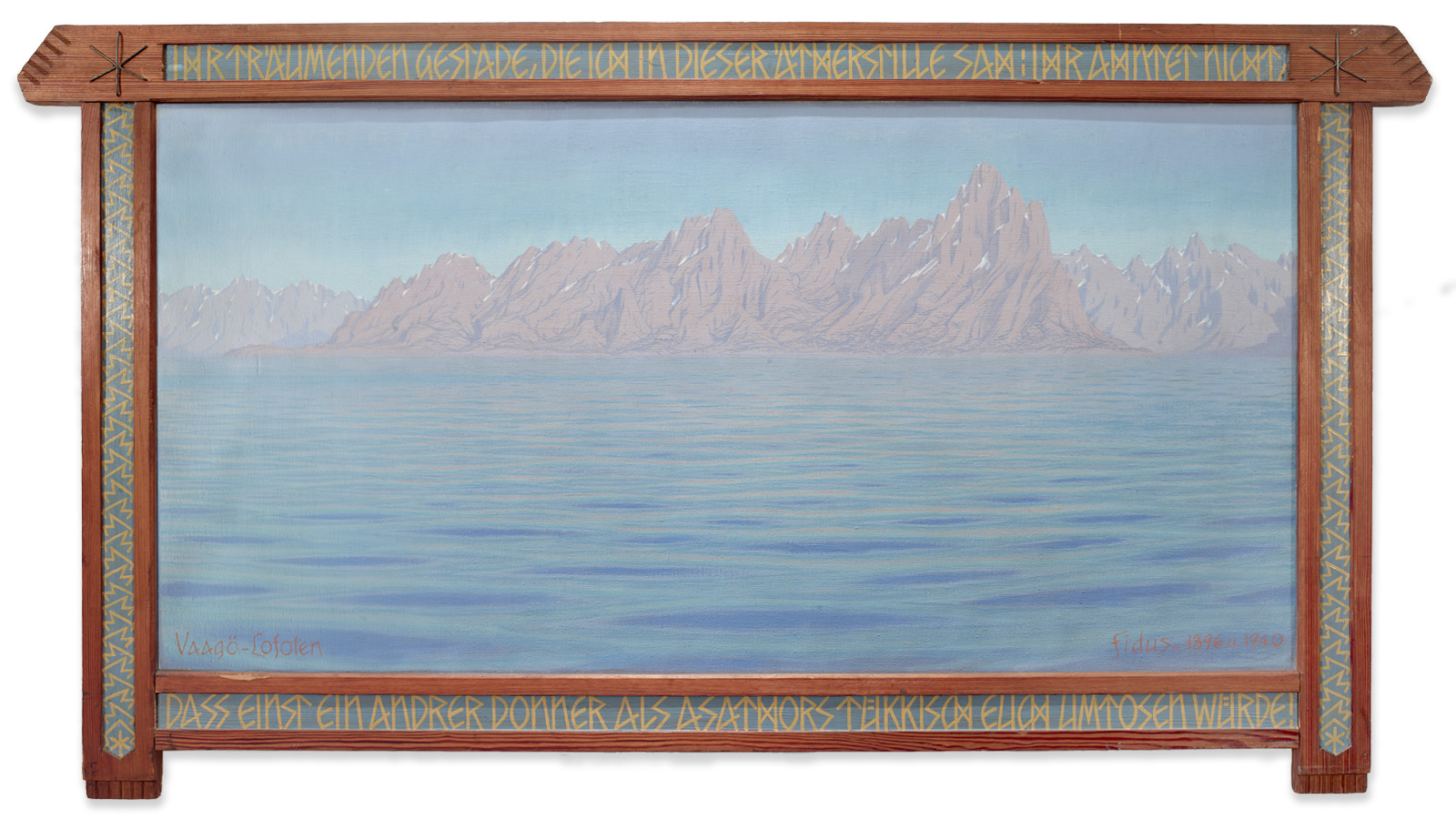 A painting of serene blue waters with distant jagged mountains under a light blue sky. The scene is framed by wooden beams with gold lettering.