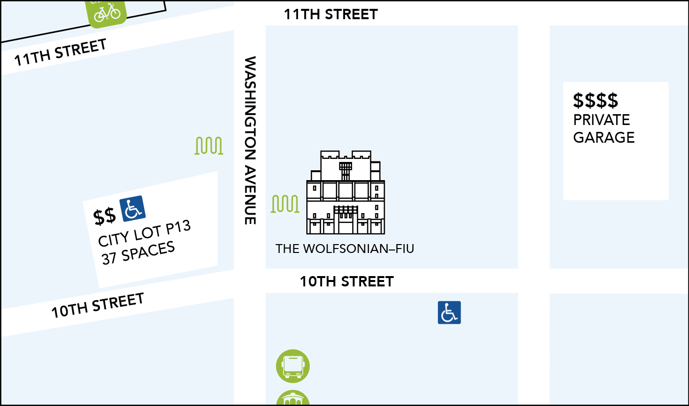 Transit map showing The Wolfsonian and surrounding streets, with symbols for bike racks and ADA parking.