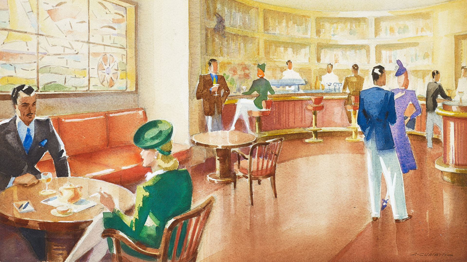 Design drawing of an ocean liner bar and lounge