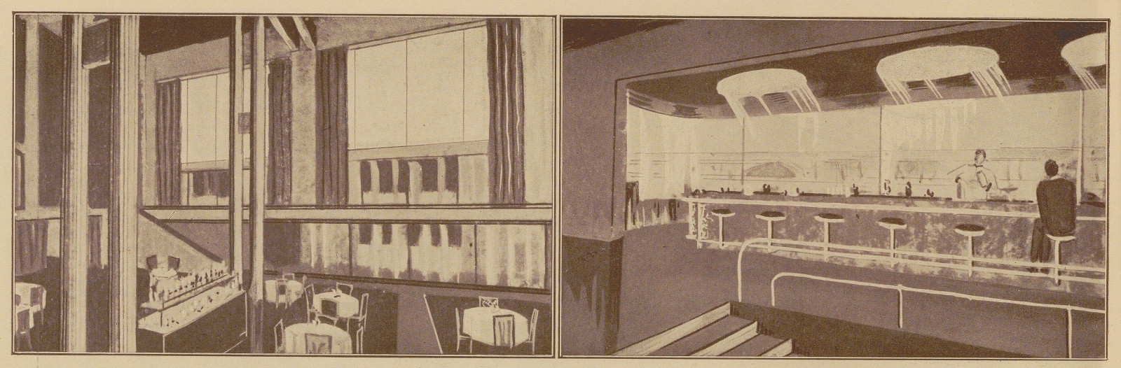 Side-by-side illustrations of modern restaurant and bar interiors; left shows white-clothed dining tables, right shows a streamlined bar with stools and two figures