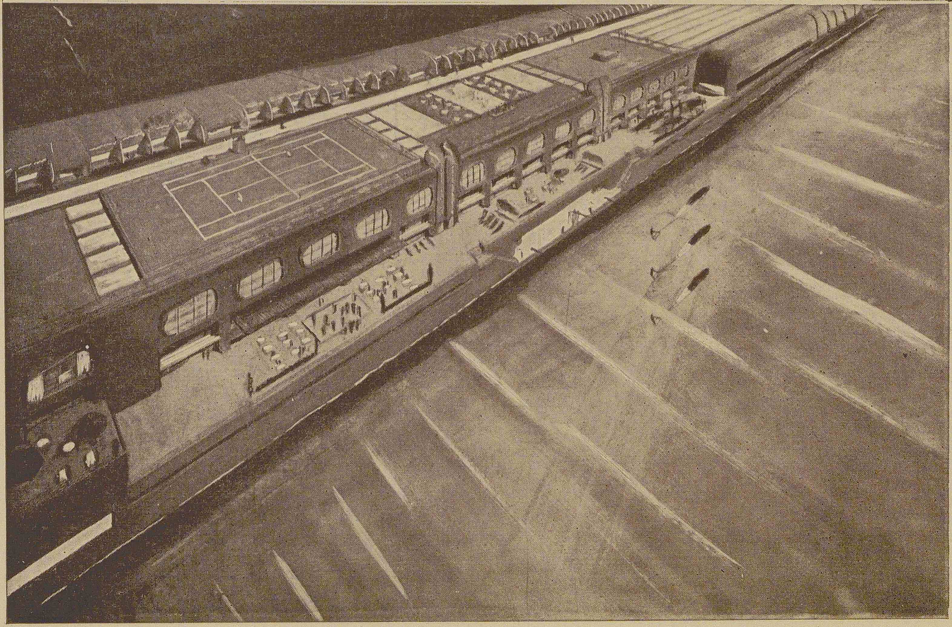 Illustration of a large ocean liner viewed from above, featuring a tennis court on the deck, rows of windows, and outdoor seating areas