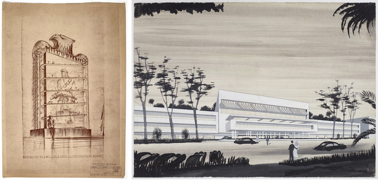 Two images side-by-side: on the left, an architectural sketch of a tall war memorial with relief panels and an eagle sculpture at the top with a rectangular stamp with text and numbers visible in the lower right corner; on the right, architectural rendering of a modern, angular building with layered forms, large windows, and surrounding trees