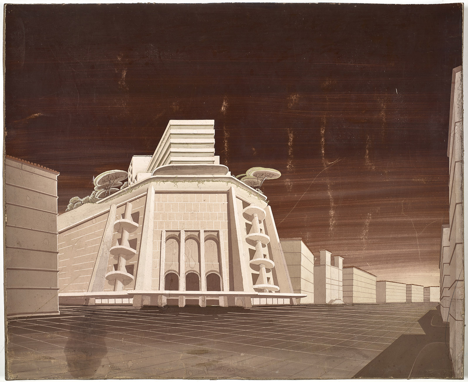 Architectural illustration of a monumental symmetrical structure with tall, vertical walls, large arched openings at the base, and spiral ramps leading to the top of the building