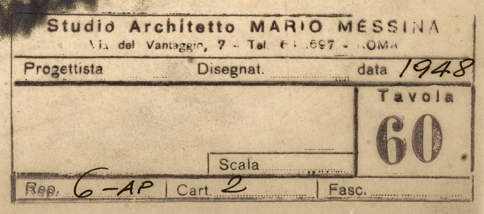 Close-up of a stamped architectural drawing label from Studio Architetto Mario Messina, dated 1913