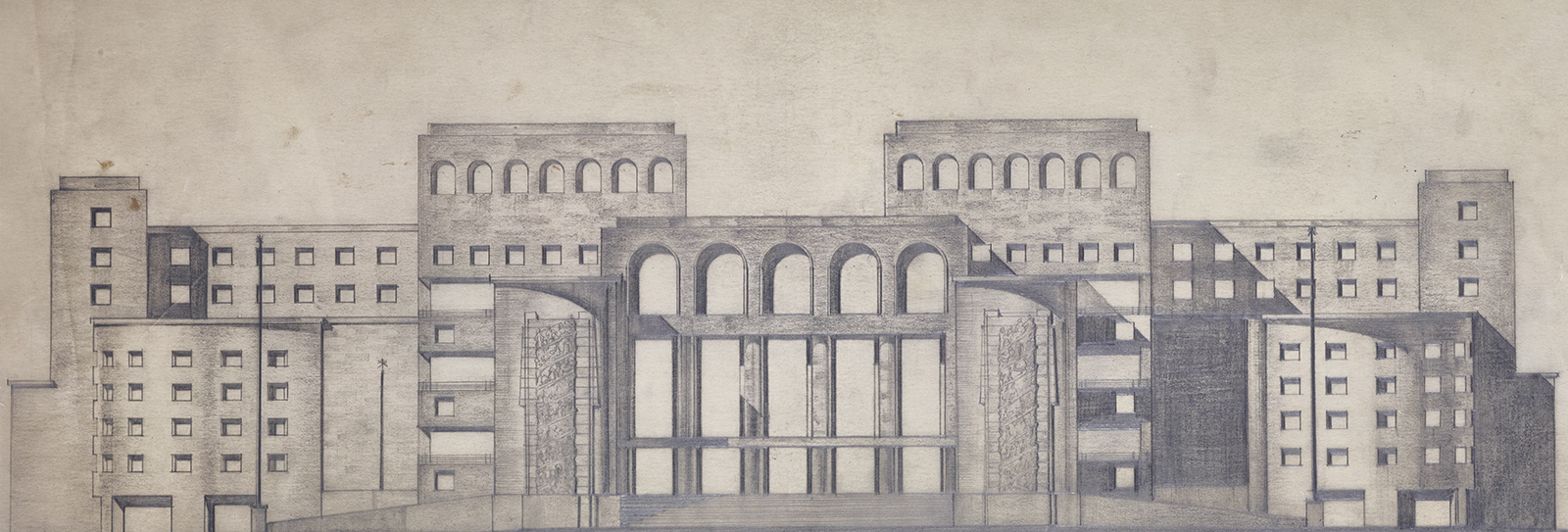 Architectural graphite drawing of a building façade with arches, columns, and symmetrical apartment blocks