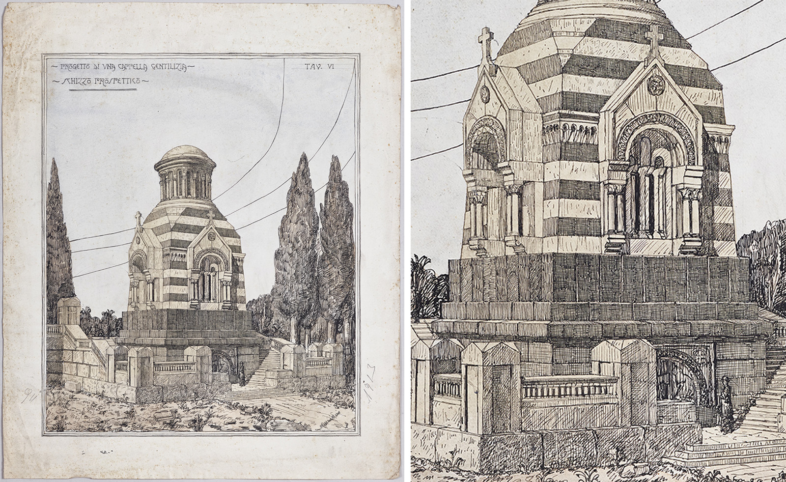 Etched architectural illustration of a domed building surrounded by cypress trees and stone ruins