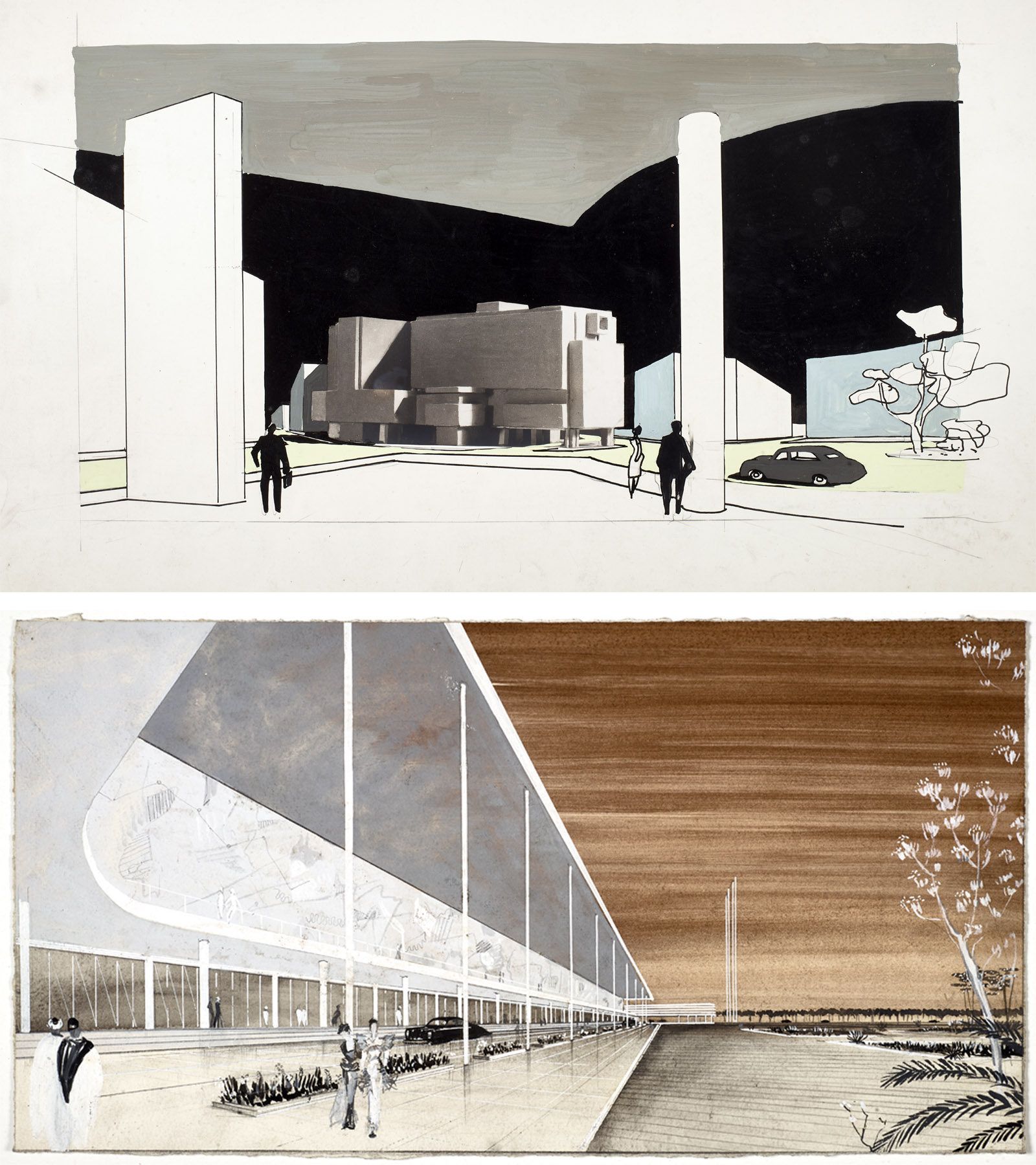 Top: High contrast architectural drawing of a modern urban space with a tall rectangular and cylindrical pillar in the foreground, a blocky building behind them, and small figures and a car; bottom: Architectural rendering of a long modernist building with a roof supported by thin columns, large glass panels, and a walkway with plants and people in front