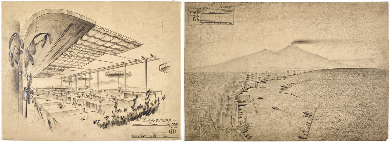 Left: Architectural sketch of an open-air pavilion with a patterned canopy and rows of tables beneath it; right: drawing of a dense coastal city with boats along the shoreline and a smoking volcano in the background