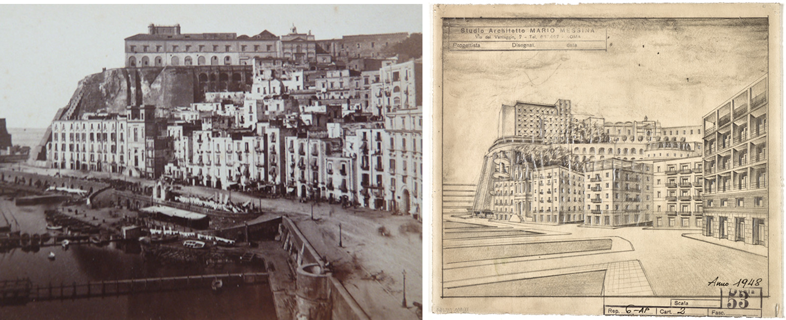 Left: Historic photograph of a waterfront city with buildings along the shoreline and a large structure atop a rocky hill; right: architectural drawing of a monumental urban complex with modern buildings and a sculptural facade