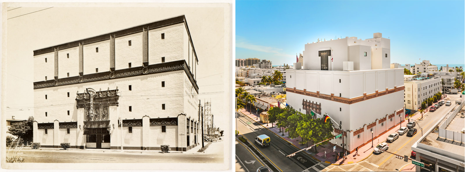 Two images side-by-side. On the left, a historic photograph of a large rectangular masonry building with a decorative entrance on a street corner. On the right, an aerial view of a white multi-story building on a street corner, with surrounding city streets, parked cars, and nearby buildings.