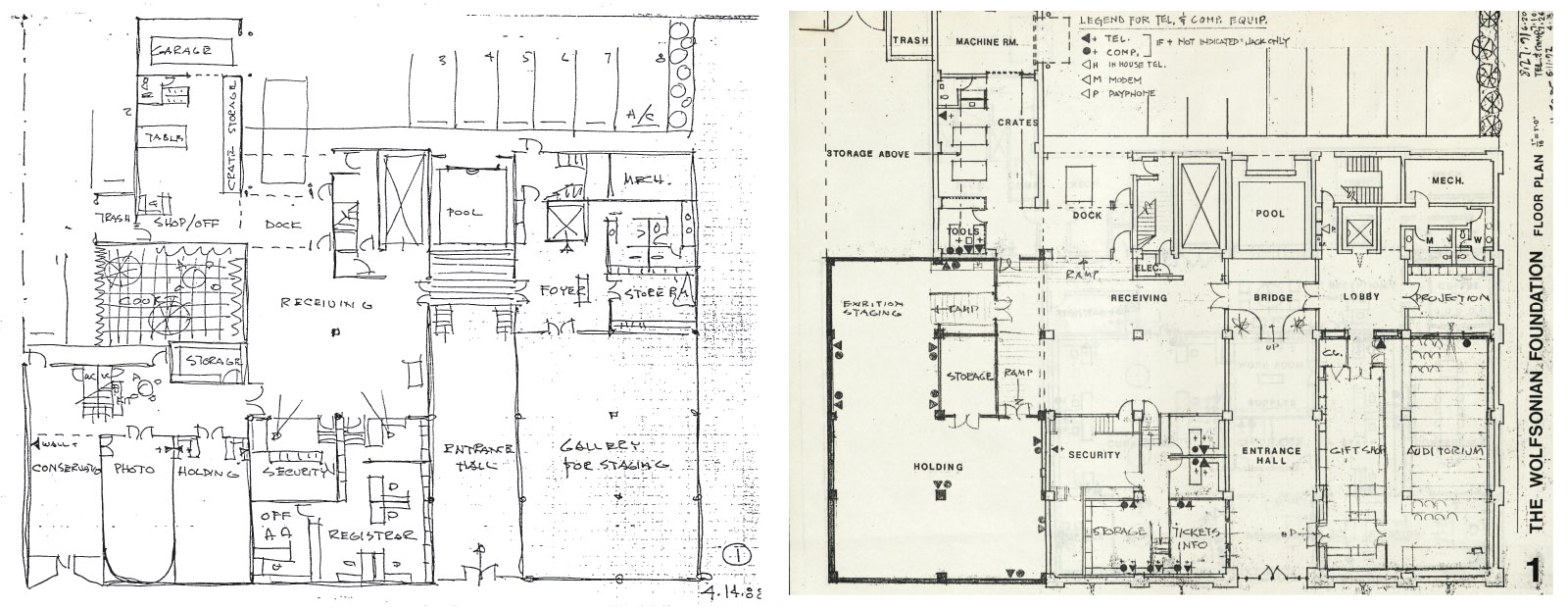 Two images side by side. On the left, a hand-drawn first-floor plan showing proposed changes to galleries, storage, receiving, and other spaces. On the right, an architectural floor plan showing the revised layout, including changes to gallery, storage, and visitor areas.