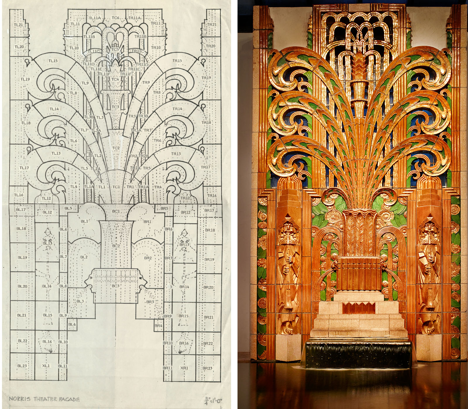 Left: architectural elevation of the Norris Theatre Facade, Mark G. Hampton Papers, Special and Area Studies Collections, George A. Smathers Libraries, University of Florida. Right: Window Grille, 1929. From the Norris Theatre, Norristown, Pennsylvania. William Harold Lee and Armand Carroll, architects. Conkling-Armstrong Terra Cotta Company, manufacturer. The Wolfsonian–FIU, Miami Beach, Florida, The Mitchell Wolfson, Jr. Collection, XX1989.429.