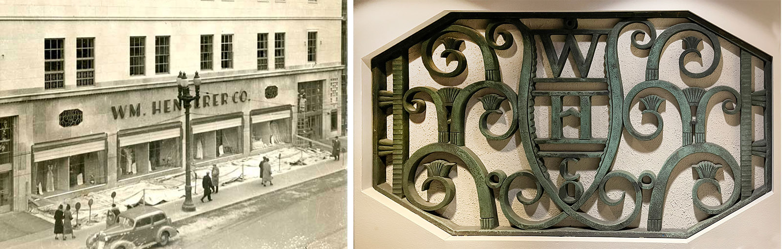 Two images side-by-side. On the left, a black-and-white photograph of a multi-story commercial building with storefronts, pedestrians, and an automobile along a city street. On the right, a cast-iron grille with scrolling geometric patterns mounted against a light-colored wall.
