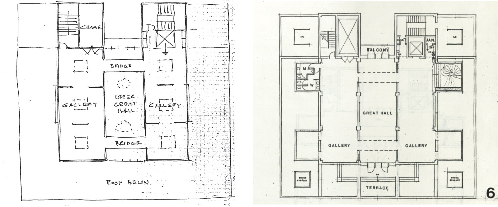 Two images side by side. On the left, a hand-drawn floor plan showing gallery spaces, an upper central hall, staircases, bridges, and labeled rooms within a building layout. On the right, an architectural floor plan drawing showing a central great hall flanked by gallery spaces, with surrounding rooms, stairways, a balcony, and a terrace entrance.