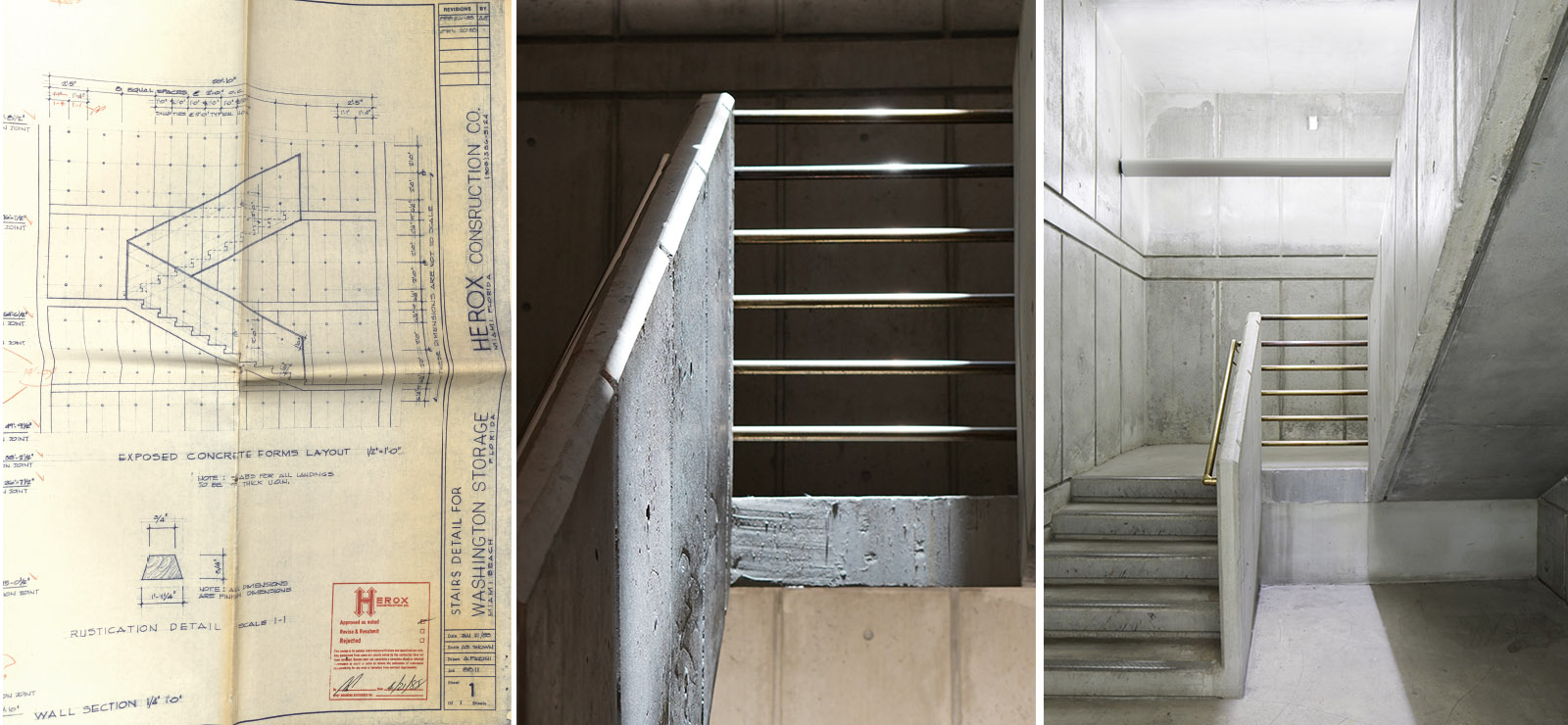 Three images side by side. On the left, an architectural blueprint showing the layout of a stairwell. In the center, a detail view of a concrete staircase with horizontal metal guardrails. On the right, an interior view of a stairwell with exposed concrete walls and ceilings, and metal handrails illuminated by overhead natural light.