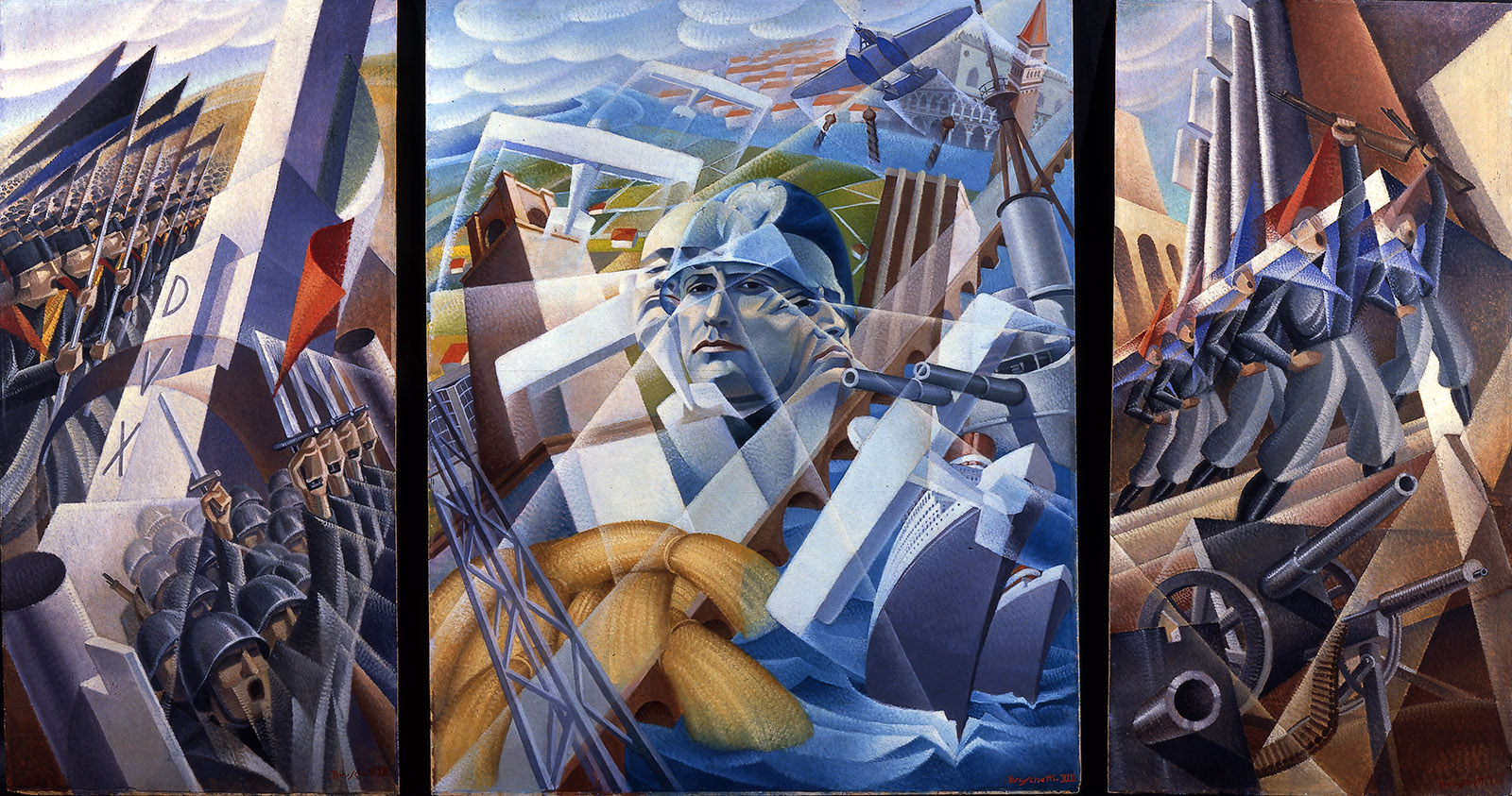 Triptych-style illustration with three vertical panels. The central panel shows a large face framed by overlapping geometric shapes and architectural elements. The left and right panels show geometric lines of soldiers armed with weapons and flags.