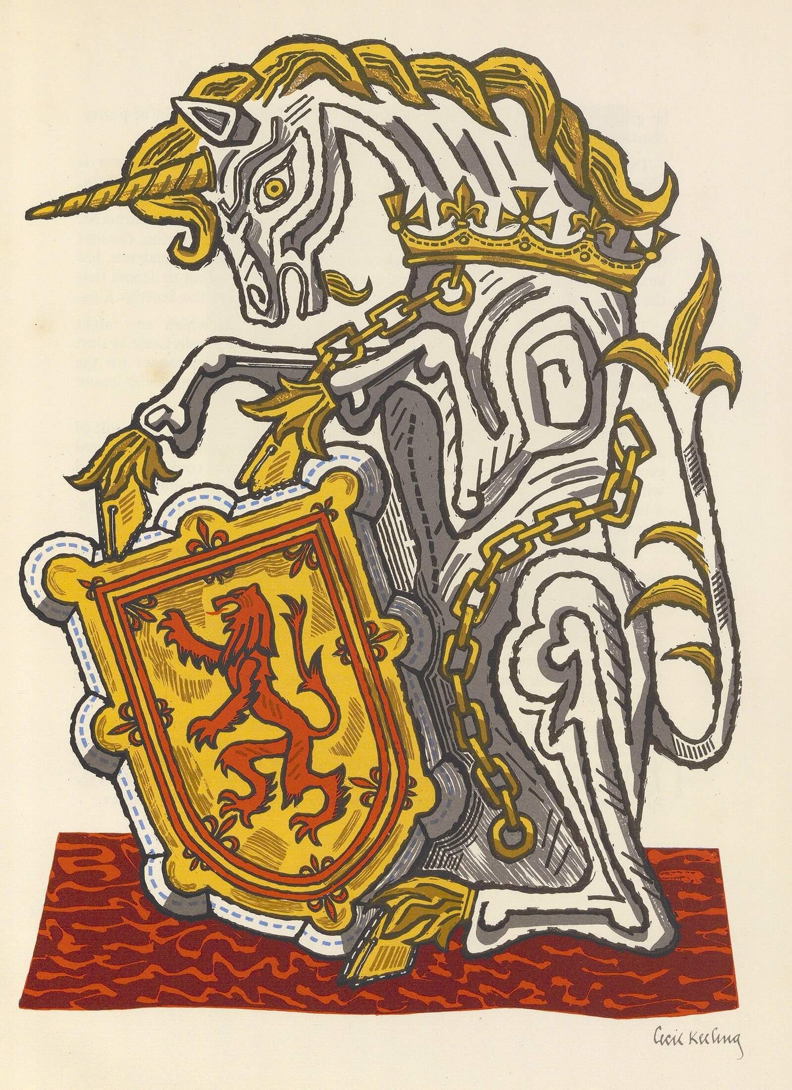 In this vertical illustration, a unicorn sits on its hind legs, supporting the top edge of a crest with its front legs. The unicorn is shown in profile, facing left, and is white with a gold horn, hooves, and mane. Its body is slender and muscular, featuring a long mane that flows down its neck and a tail that extends upward behind it.  Around the base of the unicorn’s neck is a gold collar shaped like a crown, with a gold chain that wraps around its chest and back, cascading down its side. The crest the unicorn holds is squared at the top and rounded at the bottom, framed by a white decorative border outlined in black and featuring a light blue dashed pattern on the inside.  The center of the crest has a yellow-gold background and displays a lion-like creature in red-orange with a black outline. Surrounding the lion is a decorative border consisting of two red-orange lines with a yellow-gold line in between, adorned with eight decorative flourishes around the perimeter. The unicorn grips the crest with both front hooves, holding it in place.  Both the unicorn and the crest rest on a deep red rug decorated with wavy red-orange lines. The background of the illustration is the color of the paper.